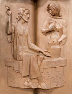 Padua - Modern metal relief in church Santa Maria dei Servi. Jesus and the Samaritan woman at the well by R. Czemesini