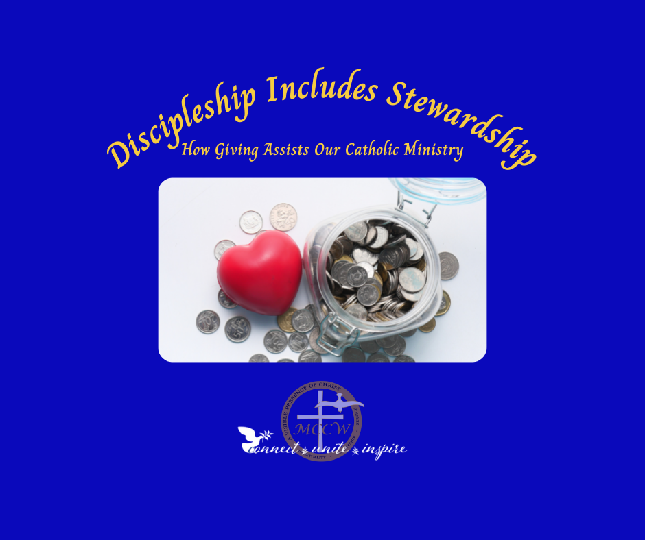 Discipleship Includes Stewardship with image of heart-shaped stress ball over, and next to, coins