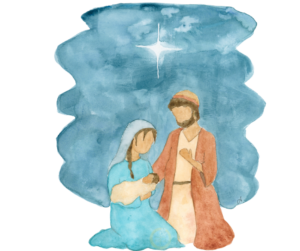 Nativity Image of Mary and Joseph gazing at baby Jesus, with the star-lit sky behind them - MCCW logo embedded in Mary's hemline