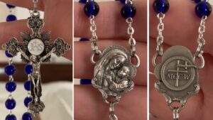 Image of the 3 angles of the MCCW Rosary features, featuring Our Lady of Good Counsel