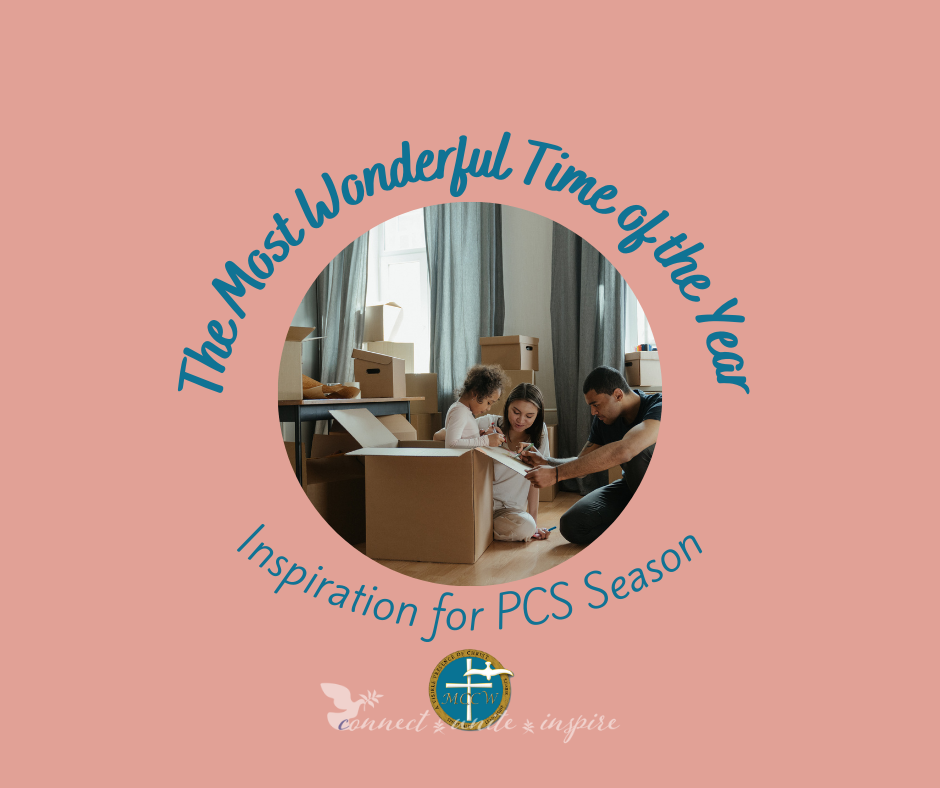 Family sitting among moving boxes with Title: The Most Wonderful Time of the Year: Inspiration for PCS Season